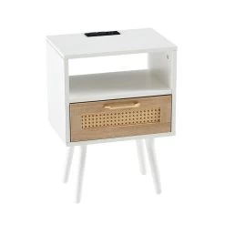 Rattan End Table With Power Outlet & USB Ports , Modern Nightstand With Drawer And Solid Wood Legs, Side Table For Living Roon, Bedroom, White White -Bedroom Furniture Shop adbc53f0723f4f65b5b1e46edc1699f7