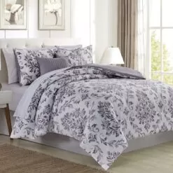 RT Designer's Collection 5 Piece Skylar Damask Printed Complement To Any Bedroom Decor Comforter Set Queen Gray Gray
