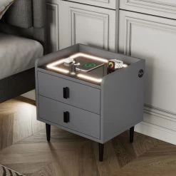 Nightstand With Wireless Charging Station,USB Charging And Adjustable LED Lights, Modern End Table With 2 Drawers For Bedroom,Gray -Bedroom Furniture Shop b10e5e0ef1db4e90b38fc596209232ec