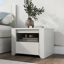 Off White Simple Style Manufacture Wood Nightstand With Gray Wood Grain Sticker Surfaces One Drawer For Bedroom Guest Room Children’s Room -Bedroom Furniture Shop b5426f220e494f75a01bf7712a22dd2e