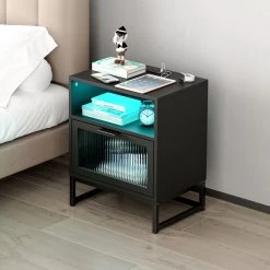 Nightstand With LED Lights / Drawer, Black Bedside Table For Bedroom Black -Bedroom Furniture Shop bb40777333bc47f28bfe5f95e1ffc453