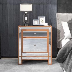 Modern Mirrored Nightstand With 2 Storage Cabinets For Living Room/Bedroom, Crystal Knobs, Silver -Bedroom Furniture Shop be405d5cd33d47aab2852b4cef5daeed