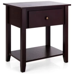 Hivago Nightstand With Drawer And Storage Shelf For Bedroom Living Room Dark Brown