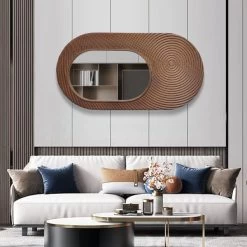 37.4" Large Brown Oval Wall Mirror Decor With Circle Texture Frame Living Room Bedroom