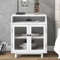 Nightstand With Storage Shelves And Cabinets For Living Room/Bedroom, Glass Door, USB Charging White -Bedroom Furniture Shop cff65b8f3f184777b477fdf9634c0956
