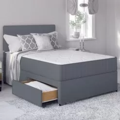 Grey Fabric Divan Set + Headboard + Spring Memory Foam Mattress
