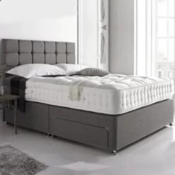 Grey Fabric Divan Set + Button Headboard + Spring Memory Foam Mattress