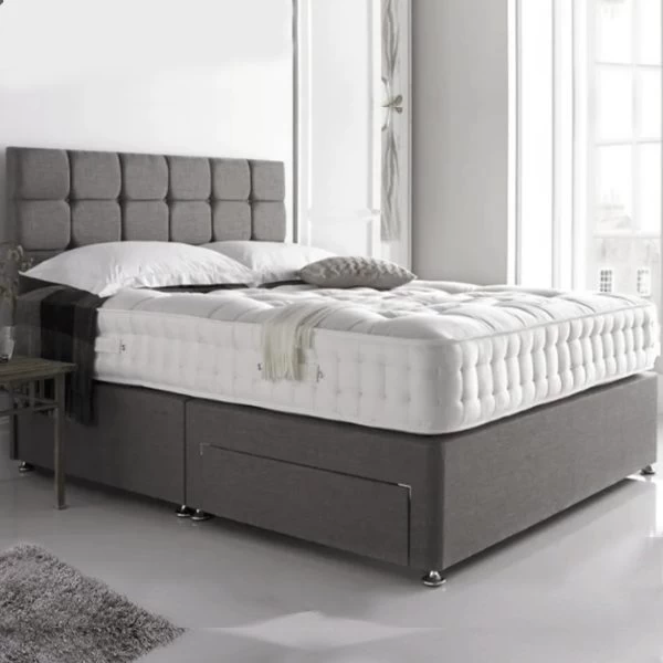Grey Fabric Divan Set + Button Headboard + Spring Memory Foam Mattress 3 Grey Fabric Divan Set + Button Headboard + Spring Memory Foam Mattress