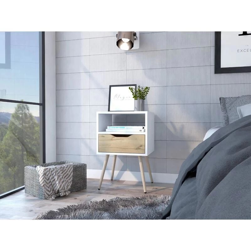 Homezia Modern White And Light Oak Bedroom Nightstand 4 Homezia Modern White And Light Oak Bedroom Nightstand - Image 2