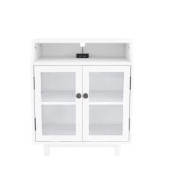 Nightstand With Storage Shelves And Cabinets For Living Room/Bedroom, Glass Door, USB Charging White