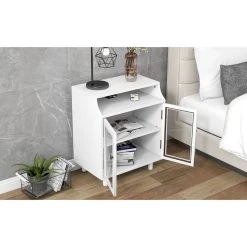 Nightstand With Storage Shelves And Cabinets For Living Room/Bedroom, Glass Door, USB Charging White -Bedroom Furniture Shop df1312f00bc0403184d2e8b6a34fcbed
