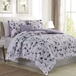 RT Designer's Collection 5 Piece Mikayla Leaves Printed Complement To Any Bedroom Decor Comforter Set Queen Lilac Lilac