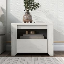 Off White Simple Style Manufacture Wood Nightstand With Gray Wood Grain Sticker Surfaces One Drawer For Bedroom Guest Room Children’s Room -Bedroom Furniture Shop e361ff0e2f8549a4baecd89a7b1fe707