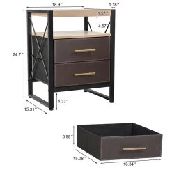 Nightstand With 2 Drawers With Removable Fabric Bins, For Bedroom, Living Room - Sturdy Iron Frame, Wood Top, Gold Pull Handle Black -Bedroom Furniture Shop e377523b18474c2885ca664a406ce4a1