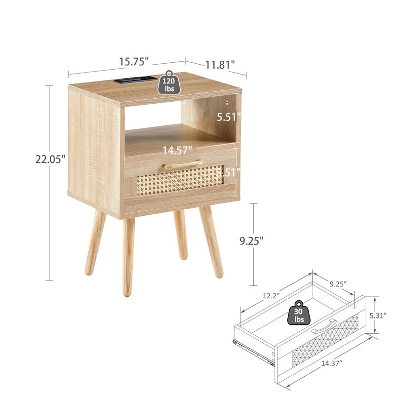 Rattan End Table With Power Outlet & USB Ports , Modern Nightstand With Drawer And Solid Wood Legs, Side Table For Living Roon, Bedroom,natural Natural 9 Rattan End Table With Power Outlet & USB Ports , Modern Nightstand With Drawer And Solid Wood Legs, Side Table For Living Roon, Bedroom,natural Natural - Image 7