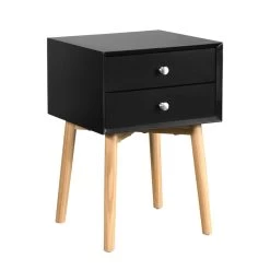 Side Table, Bedside Table With 2 Drawers And Rubber Wood Legs, Mid-Century Modern Storage Cabinet For Bedroom Living Room, Black Black -Bedroom Furniture Shop eb47b36b003f45c5bccf602380c68177