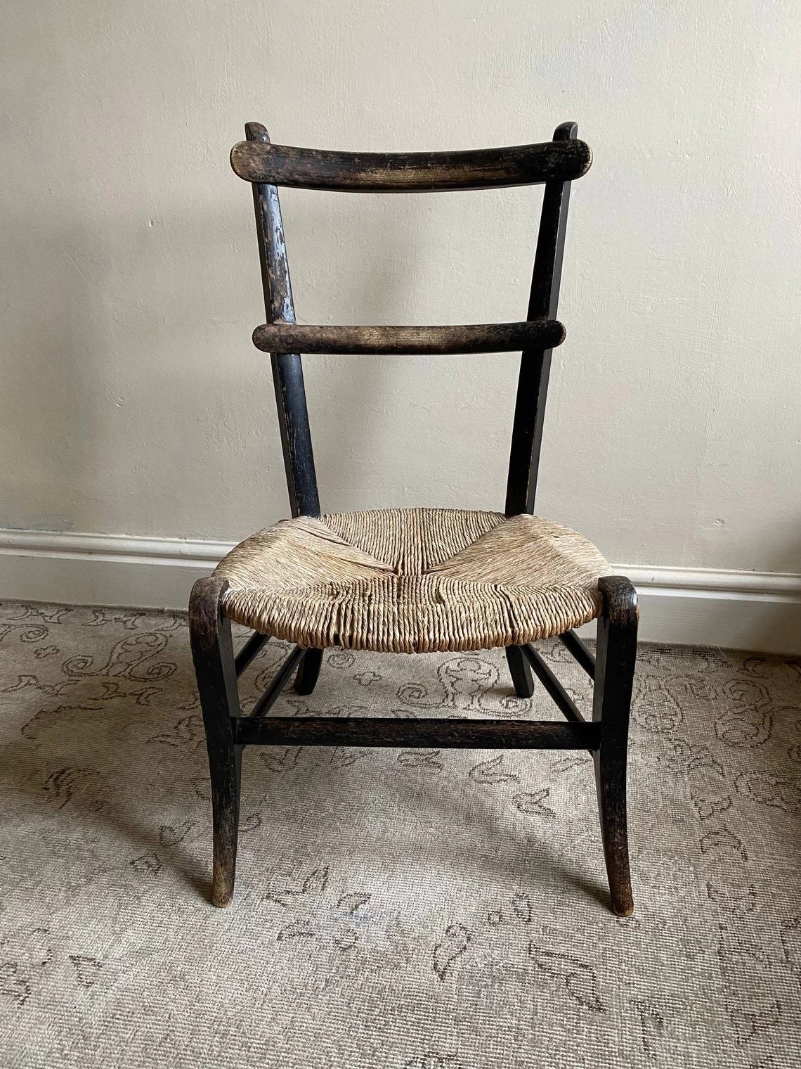Ebonised Wooden Chair With Rush Seat, Antique Solid Wood Rustic Side Or Bedroom Chair With Original Woven Seat, Primitive Fireside Chair 4 Ebonised Wooden Chair With Rush Seat, Antique Solid Wood Rustic Side Or Bedroom Chair With Original Woven Seat, Primitive Fireside Chair - Image 2
