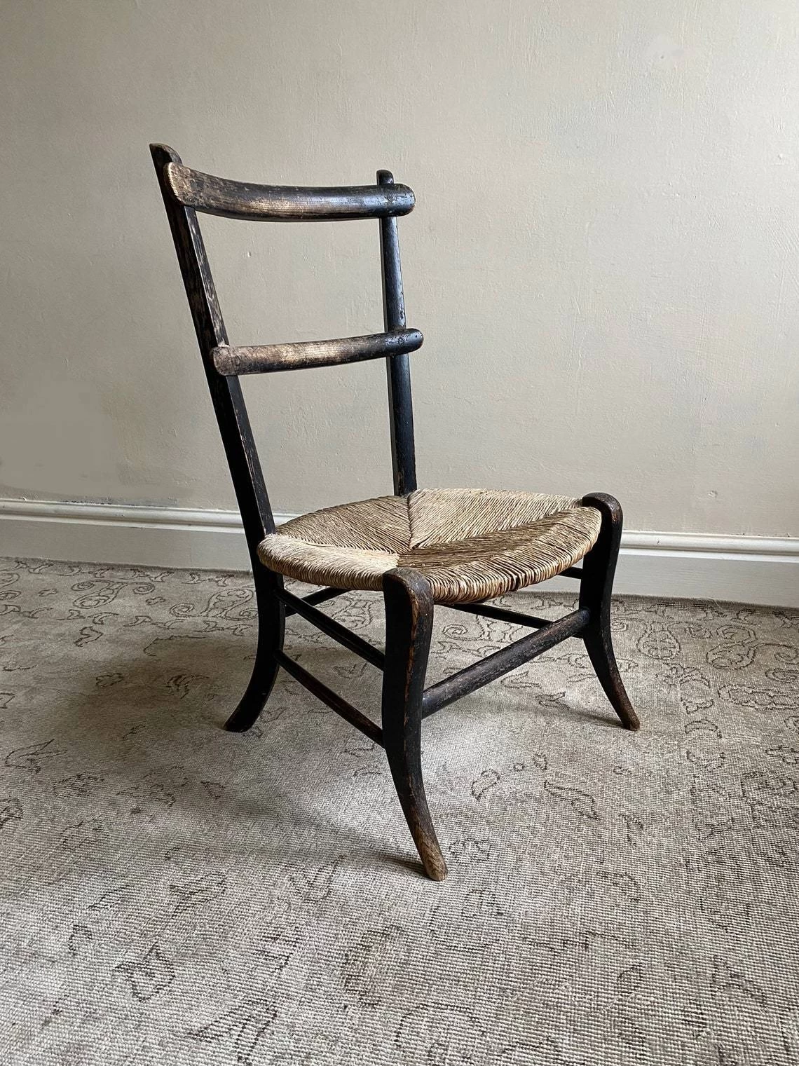 Ebonised Wooden Chair With Rush Seat, Antique Solid Wood Rustic Side Or Bedroom Chair With Original Woven Seat, Primitive Fireside Chair 5 Ebonised Wooden Chair With Rush Seat, Antique Solid Wood Rustic Side Or Bedroom Chair With Original Woven Seat, Primitive Fireside Chair - Image 3