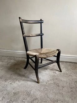 Ebonised Wooden Chair With Rush Seat, Antique Solid Wood Rustic Side Or Bedroom Chair With Original Woven Seat, Primitive Fireside Chair