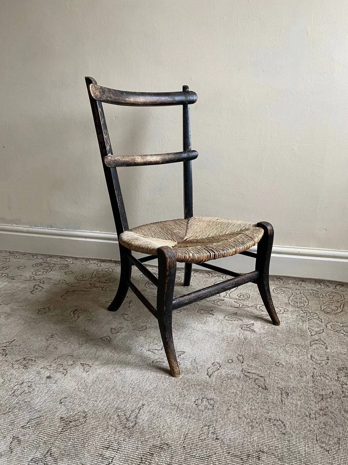 Ebonised Wooden Chair With Rush Seat, Antique Solid Wood Rustic Side Or Bedroom Chair With Original Woven Seat, Primitive Fireside Chair 3 Ebonised Wooden Chair With Rush Seat, Antique Solid Wood Rustic Side Or Bedroom Chair With Original Woven Seat, Primitive Fireside Chair