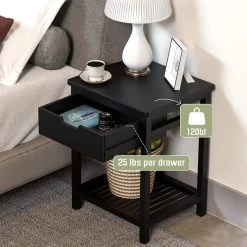 Nightstand, Bedside Table With Drawer, Square End Table, Bamboo Side Table For Bedroom, Living Room, Small Space, Modern Night Stand With Open Shelf, Set Of 1, Black -Bedroom Furniture Shop ecba9be58e044df9b495c130619f4852