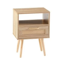Rattan End Table With Drawer And Solid Wood Legs, Modern Nightstand, Side Table For Living Roon, Bedroom,natural Natural