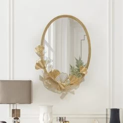 33.9" Glam Oval Wall Mirror Hollow-out Ginkgo Leaves In Gold Metal Frame For Bedroom