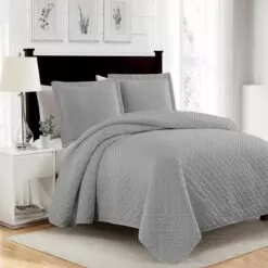 RT Designers Collection Bella 3pc Pinsonic Premium Quality All Year Round Quilt Set For Revitalize Bedroom Queen Silver Silver