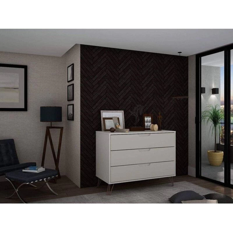 QuikFurn Modern Scandinavian Style Bedroom 3-Drawer Dresser In Off-White Finish Off White 7 QuikFurn Modern Scandinavian Style Bedroom 3-Drawer Dresser In Off-White Finish Off White - Image 5