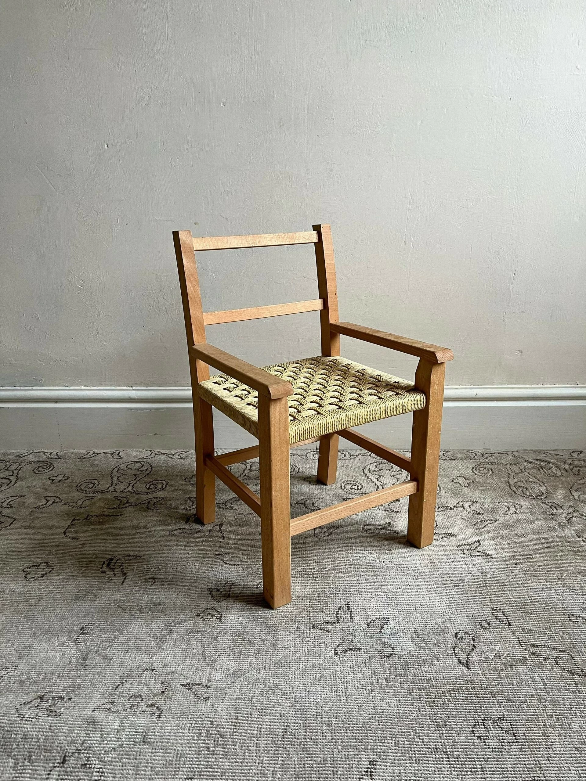Unknown Mid Century Child Size Chair With Woven Seat, Vintage Scandinavian Children's Bedroom Or Playroom Wooden Furniture