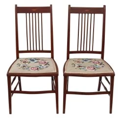 Pair Of Edwardian Needlepoint Mahogany Chairs Bedroom Side Hall