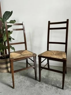 Pair Of Vintage French Rush Seat High Ladderback Bedroom / Accent Chairs