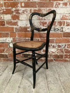 Unknown Victorian Hand Painted Ebonised Balloon Back Occasional Bedroom Accent Chair With Bergere Seat